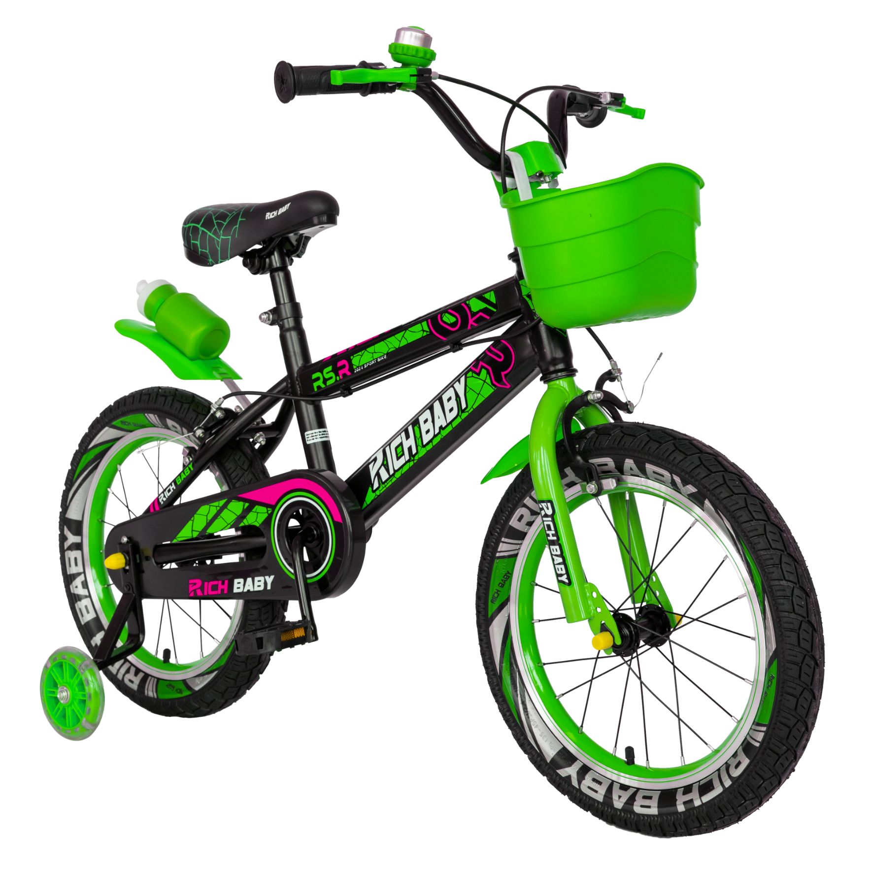 Bicicleta Baieti 4-6 Ani, Roti 16 Inch, Frane C-Brake, Roti Ajutatoare cu LED, Cosulet, Rich Baby CSR16/WTB, Cadru Negru cu Design Verde