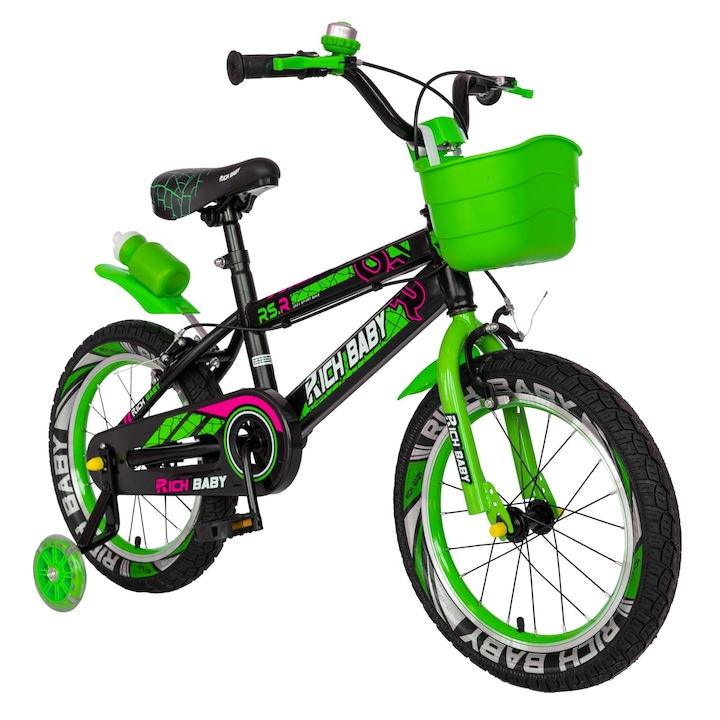Rich Baby fiú kerékpár, 16 hüvelykes kerekek, C fék, LED segédkerekek, kosár, fekete / zöld, 4-6 év