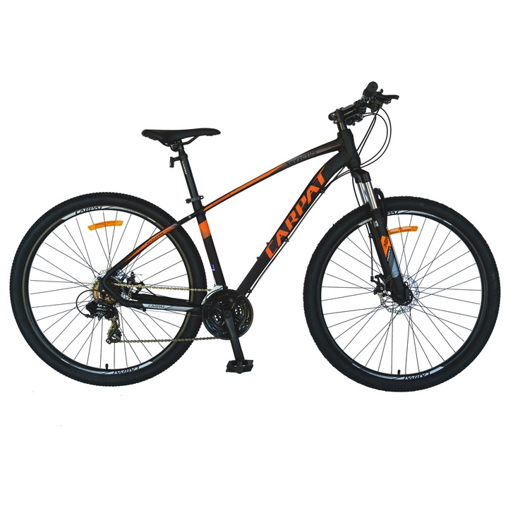 Bicicleta MTB de munte CARPAT MTB Invictus JSX2757, cadru Aluminiu, echipare Shimano, suspensie fata, roata 27.5 inch, frana disc fata/spate, 21 viteze, negru/portocaliu