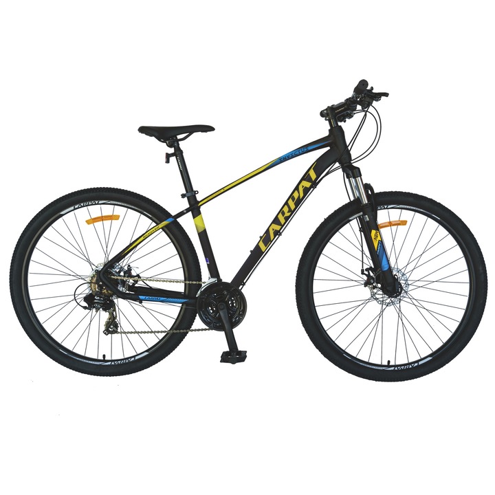 Bicicleta MTB de munte CARPAT MTB Invictus JSX2757, cadru Aluminiu, echipare Shimano, suspensie fata, roata 27.5 inch, frana disc fata/spate, 21 viteze, negru/galben