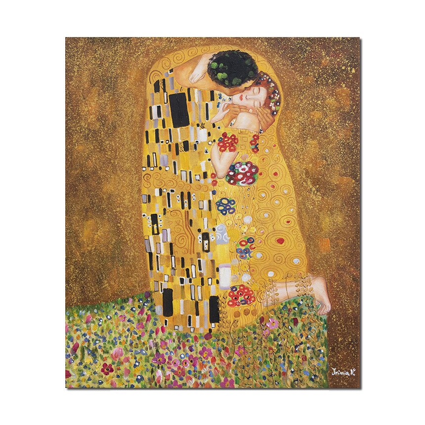 Tablou living, dormitor pictat manual - The Kiss - 60x50cm ulei pe panza, reproducere Gustav Klimt