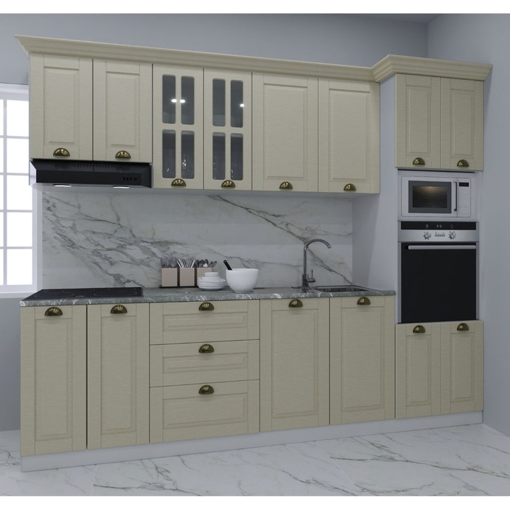 Set bucatarie cu soft-close si fronturi MDF, Badenmob, L260x60cm, fag antichizat