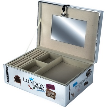 Cutie bijuterii/ceasuri, 2 sertare suprapuse, pentru inele, lantisoare, cercei, cu oglinda, Deluxa London, 23 x 16.5 x 9 cm, argintiu Cutie bijuterii/ceasuri, 2 sertare suprapuse, pentru inele, lantisoare, cercei, cu oglinda, Deluxa London, 23 x 16.5 x 9 cm, argintiu