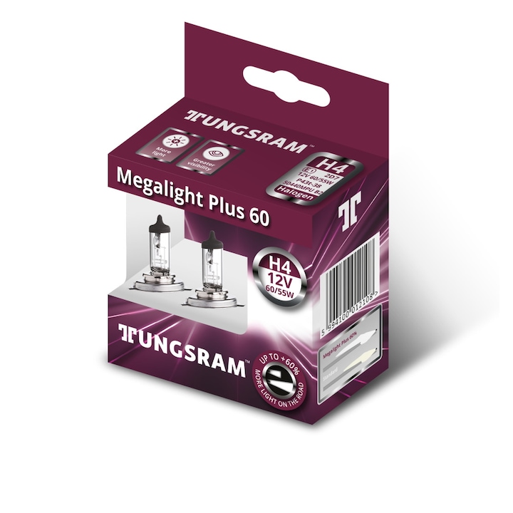 Tungsram Megalight Plus +60% H4 50440MPU autó izzó, 2db/csomag