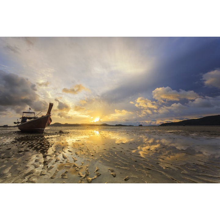 Blueback MAT tapéta, tengerpart 80 csónakkal napkeltekor modell, 250 x 200 cm