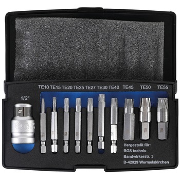 Trusa de extractoare pentru suruburi cu cap Torx T-Star T10-T55, 11 piese, BGS 9170 Trusa de extractoare pentru suruburi cu cap Torx T-Star T10-T55, 11 piese, BGS 9170