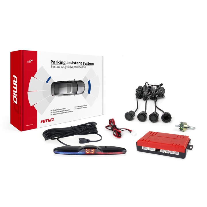 Set 4 senzori parcare cu afisaj slim LED si unitate sonora avertizare, negru ''GOLD'' 18mm