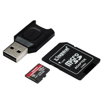 Card de memorie Kingston 128GB Micro SD XC React Plus SDCr2, Adaptor/Cititor, Negru Card de memorie Kingston 128GB Micro SD XC React Plus SDCr2, Adaptor/Cititor, Negru