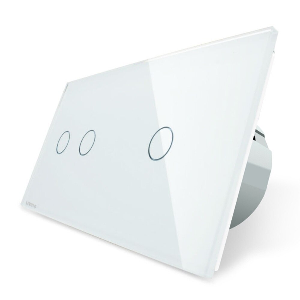 Intrerupator dublu + simplu cu touch Livolo din sticla, Alb, Protocol ZigBee, Control de pe telefon