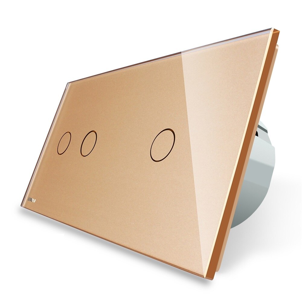 Intrerupator dublu + simplu cu touch Livolo din sticla, Auriu, Protocol ZigBee, Control de pe telefon