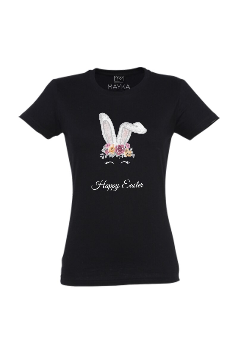 Tricou dama din bumbac 100%, de Paste, MAYKA, model HAPPY EASTER, Negru