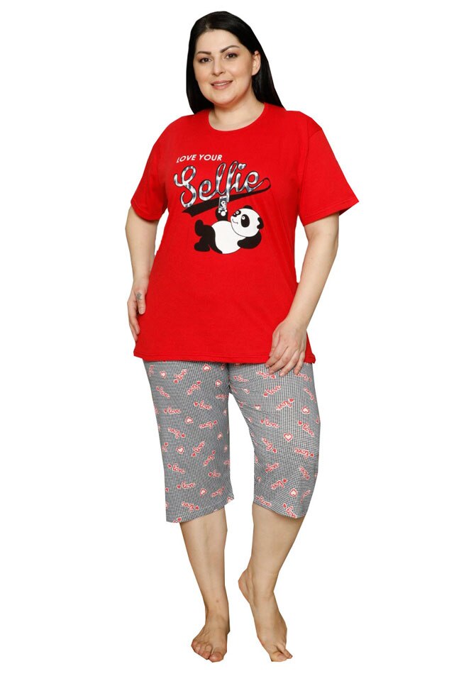Pijama dama big size din bumbac Serena, imprimeu selfie, Rosu