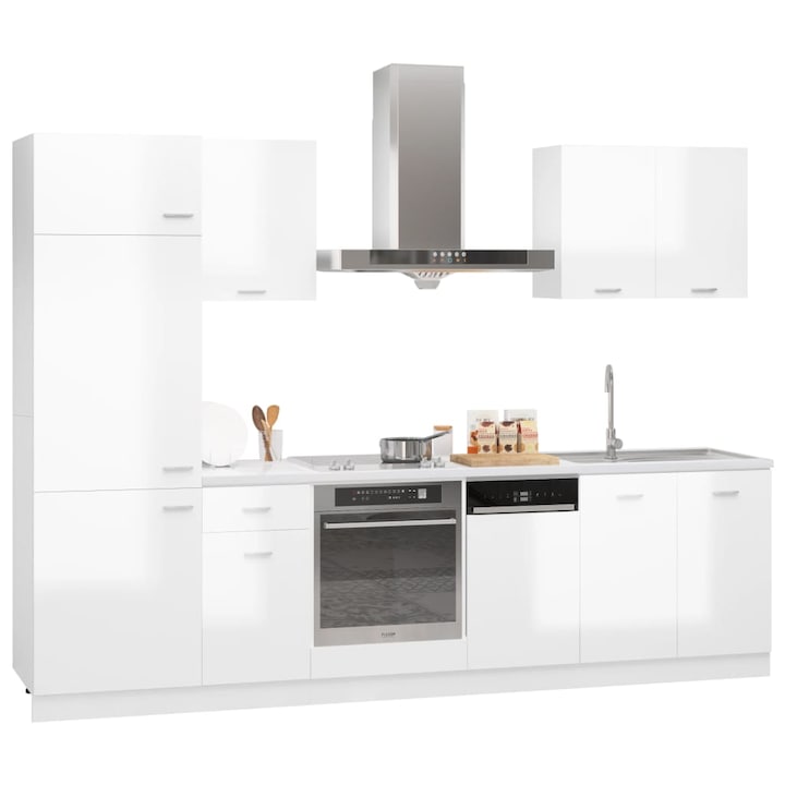 vidaXL 7 részes magasfényű fehér forgácslap konyhai szekrénygarnitúra hűtőszekrény hellyel