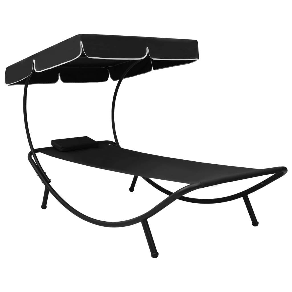 Sezlong de gradina cu perna si copertina, vidaXL, Tesatura, 200 x 90 x 112 cm, Negru
