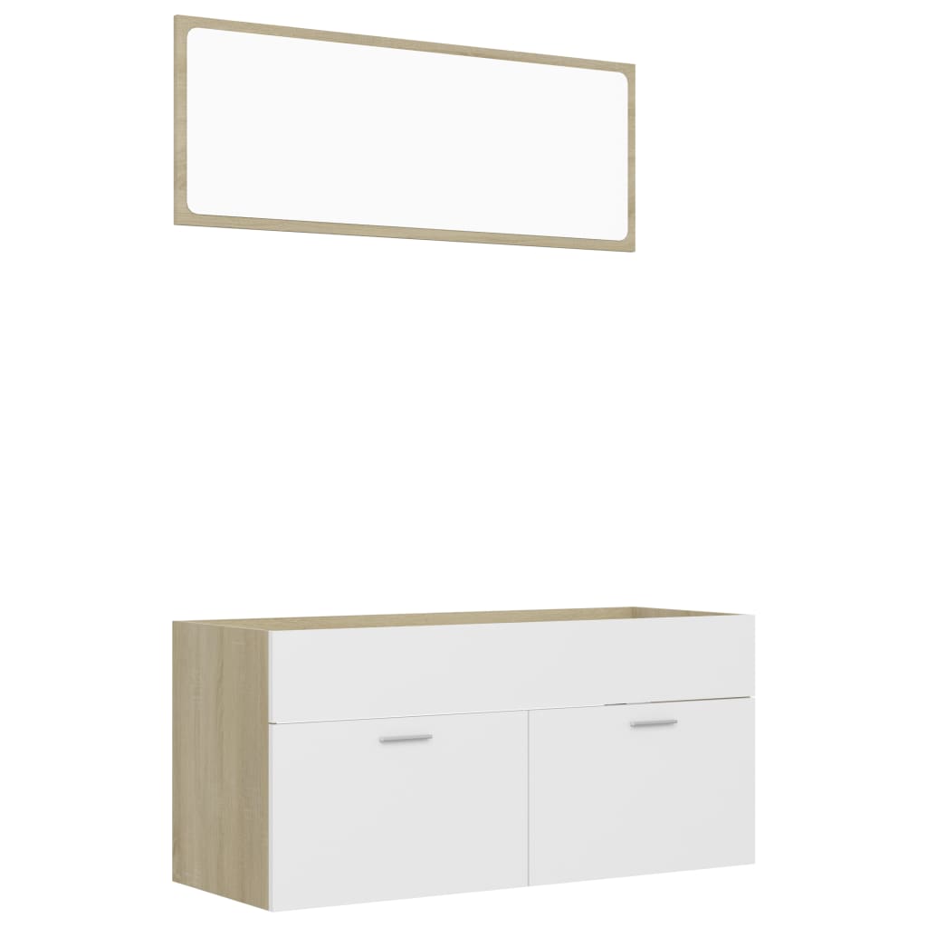 Set mobilier baie dulap chiuveta cu oglinda, vidaXL, PAL-acril, 100 x 38,5 x 46 cm, Alb/Maro Stejar Sonoma