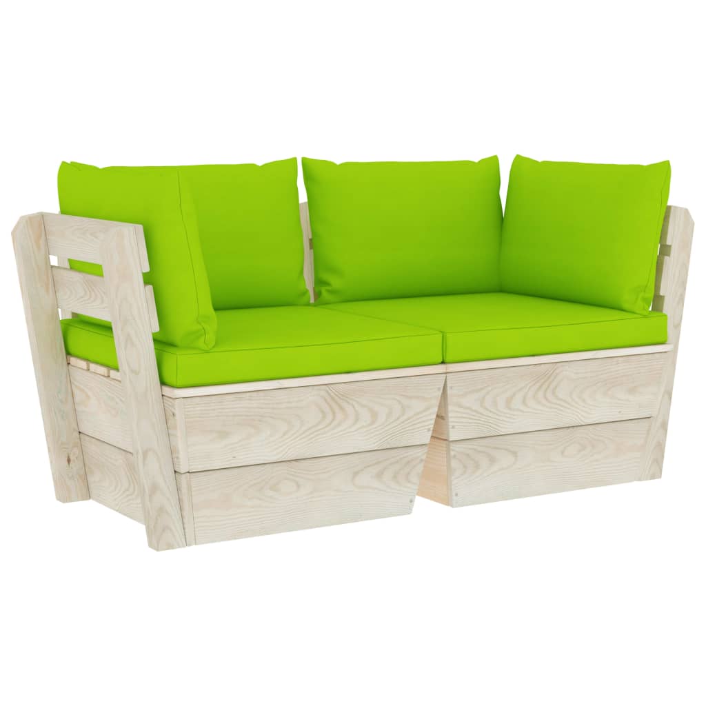 Canapea de gradina din paleti cu 2 locuri, vidaXL, Lemn de molid, Maro/Verde aprins