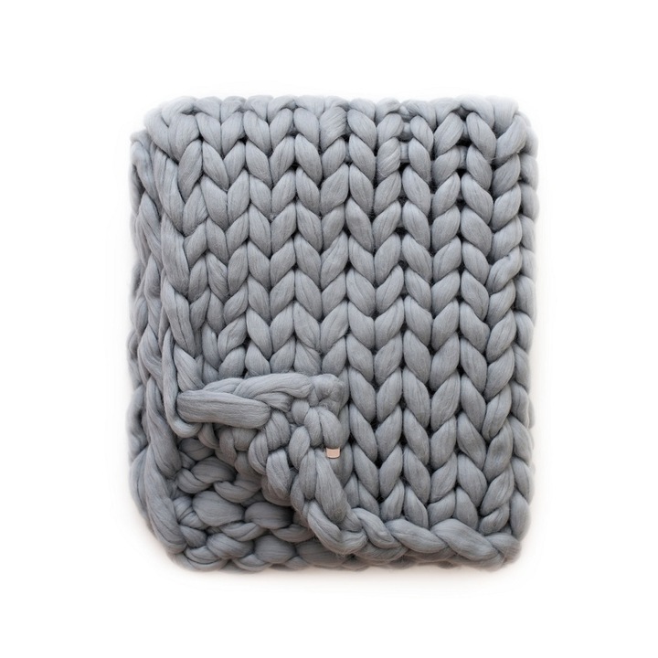 Плетено одеяло, Merino Wooly, изработено от прежда от 100% гигантска мериносова вълна, сиво, 160cm x 130cm