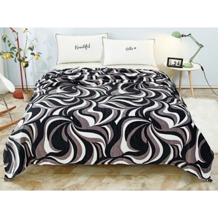 Patura cocolino pat dublu Wave fleece model dungi negru/alb, 200x230cm
