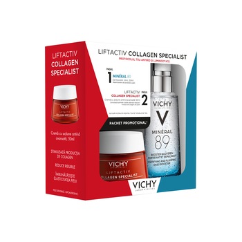 Pachet Crema antirid Vichy Liftactiv Collagen Specialist pentru toate tipurile de ten, 50ml+Gel-booster zilnic Vichy Mineral 89 cu efect de hidratare, fortifiere si reumplere, cu acid hialuronic, 50ml Pachet Crema antirid Vichy Liftactiv Collagen Specialist pentru toate tipurile de ten, 50ml+Gel-booster zilnic Vichy Mineral 89 cu efect de hidratare, fortifiere si reumplere, cu acid hialuronic, 50ml