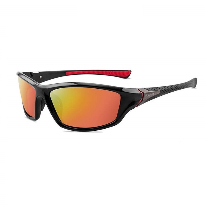 Слънчеви очила Hemera Flix C3, Unisex, Спортни, Олекотена рамка, HD поляризация, UV 400, Комплект твърд кейс и Кърпичка, черна рамка/оранжеви огледални стъкла