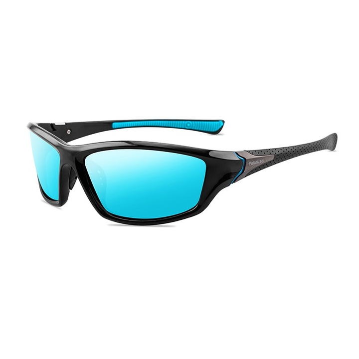 Слънчеви очила Hemera Flix C1, Disign, Unisex, Спортни, Олекотена рамка, HD поляризация, UV 400, Комплект твърд кейс и Кърпичка, черна рамка сини огледални стъкла