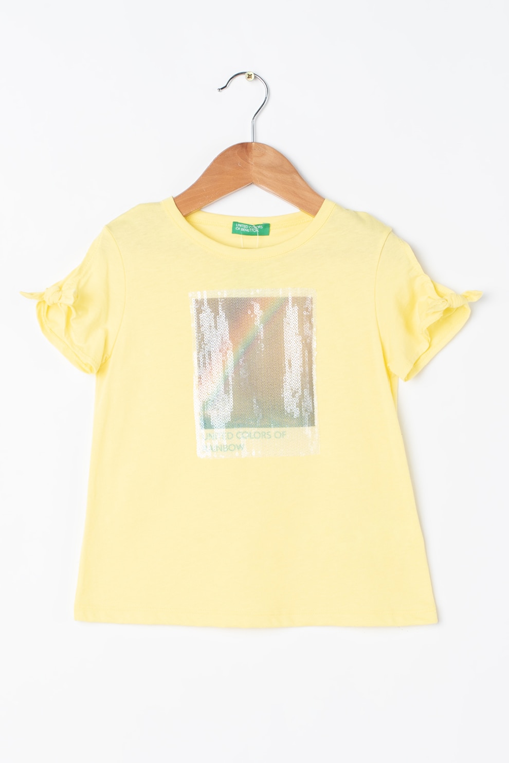 United Colors of Benetton, Tricou de bumbac cu paiete, Galben pal/Bleumarin