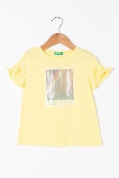 United Colors of Benetton, Tricou de bumbac cu paiete, Galben pal/Bleumarin United Colors of Benetton, Tricou de bumbac cu paiete, Galben pal/Bleumarin