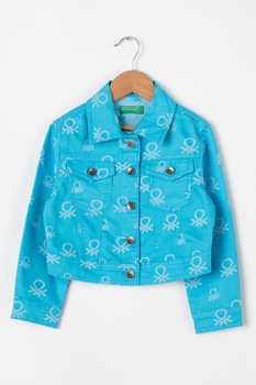 United Colors of Benetton, Jacheta din denim cu imprimeu logo, Bleu/Alb United Colors of Benetton, Jacheta din denim cu imprimeu logo, Bleu/Alb