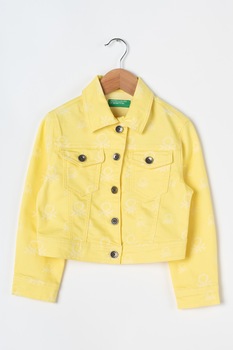 United Colors of Benetton, Jacheta din denim cu imprimeu logo, Gaben pai/Alb United Colors of Benetton, Jacheta din denim cu imprimeu logo, Gaben pai/Alb