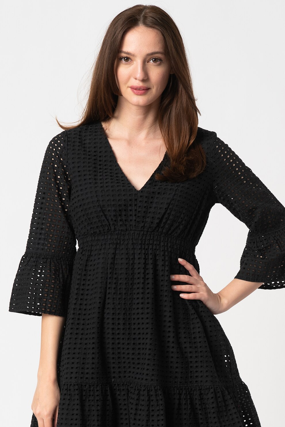 United Colors of Benetton, Rochie de lyocell cu decolteu in V si aspect perforat, Negru