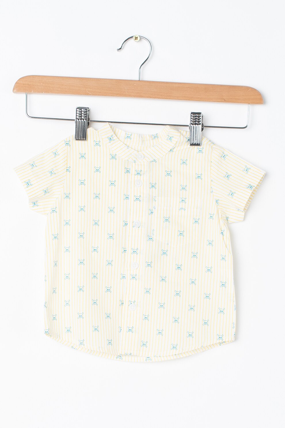 United Colors of Benetton, Camasa de bumbac cu model cu cranii si dungi, alb, galben pal, albastru