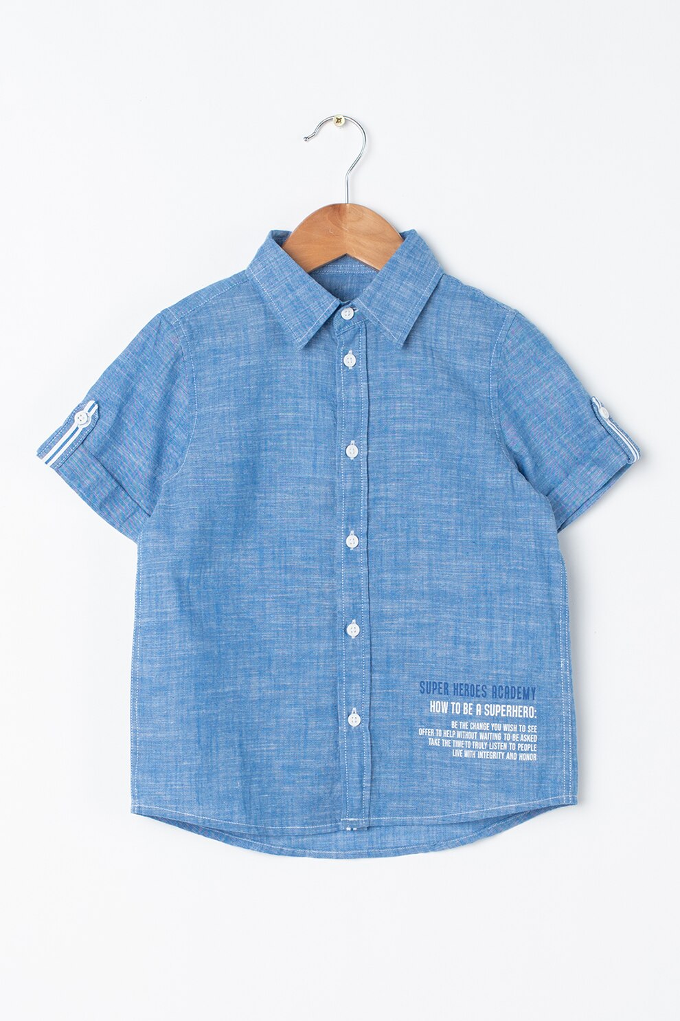 United Colors of Benetton, Camasa din chambray cu maneci scurte, Bleu/Alb, 170 CM