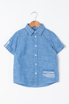 United Colors of Benetton, Camasa din chambray cu maneci scurte, Bleu/Alb, 170 CM United Colors of Benetton, Camasa din chambray cu maneci scurte, Bleu/Alb, 170 CM