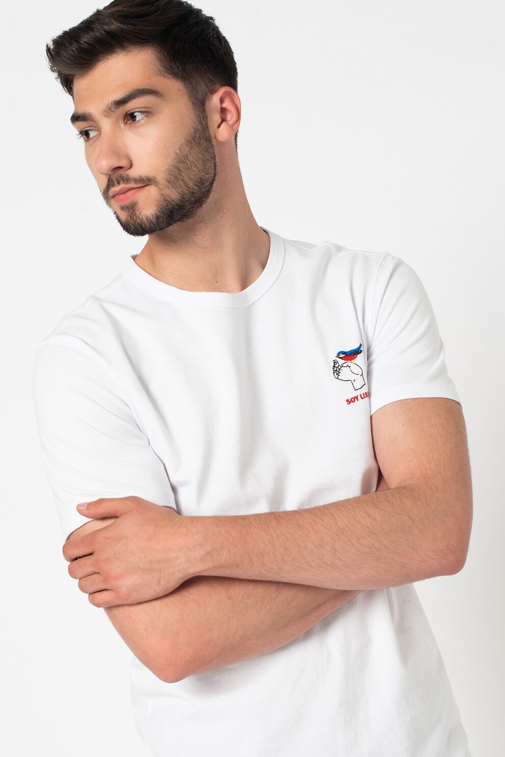 United Colors of Benetton, Tricou cu decolteu la baza gatului si detaliu brodat, Alb/Rosu inchis/Negru