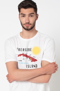 United Colors of Benetton, Tricou din bumbac cu imprimeu Tobacco Road, Alb/Rosu inchis/Negru