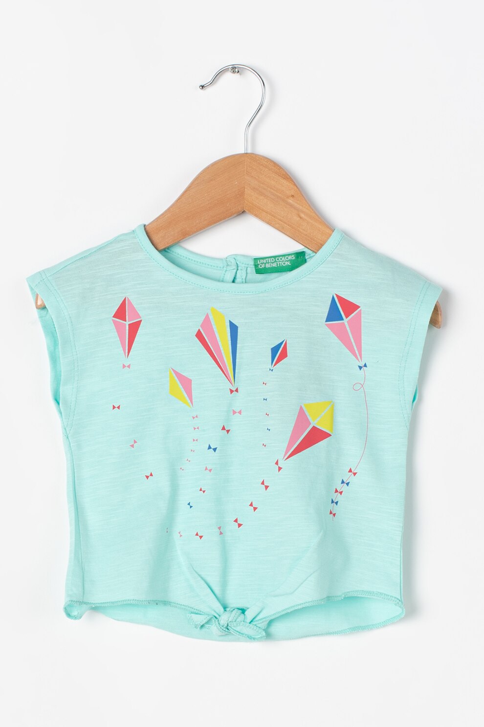 United Colors of Benetton, Tricou din jerseu cu prindere cu nod, Verde menta/Roz/Galben