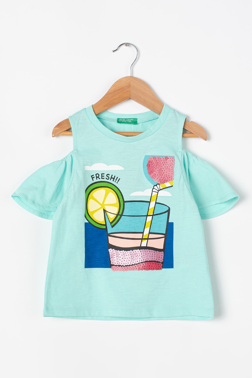 United Colors of Benetton, Tricou cu decupaj pe umar si paiete, verde deschis, albastru, rosu