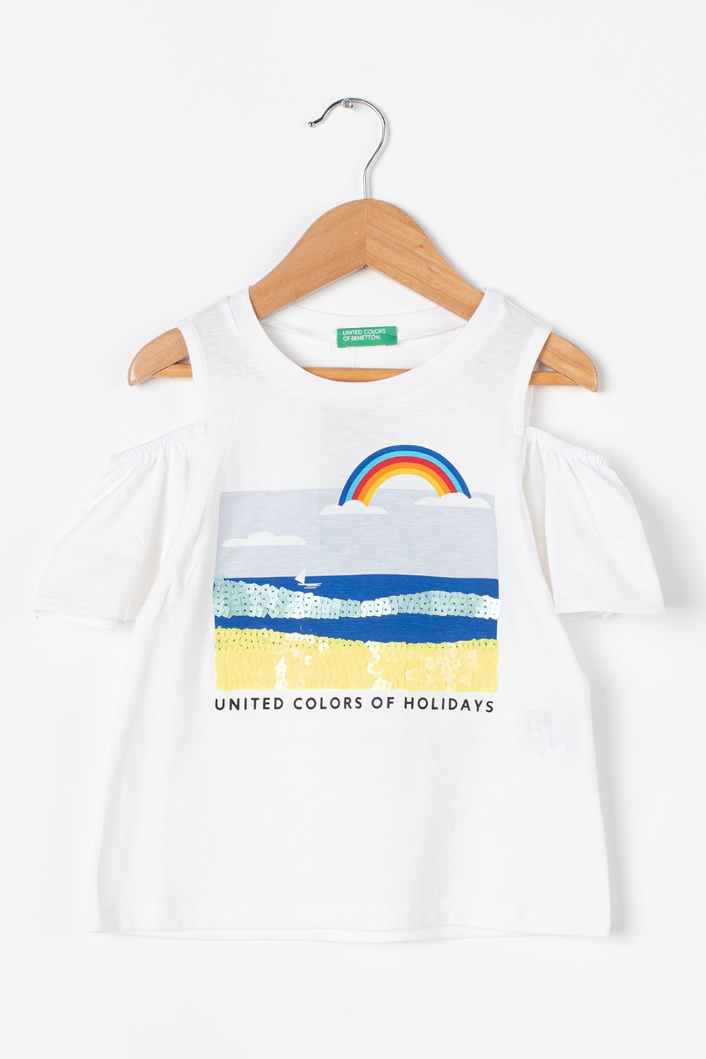 United Colors of Benetton, Tricou cu decupaj pe umar si paiete, Alb/Albastru/Galben