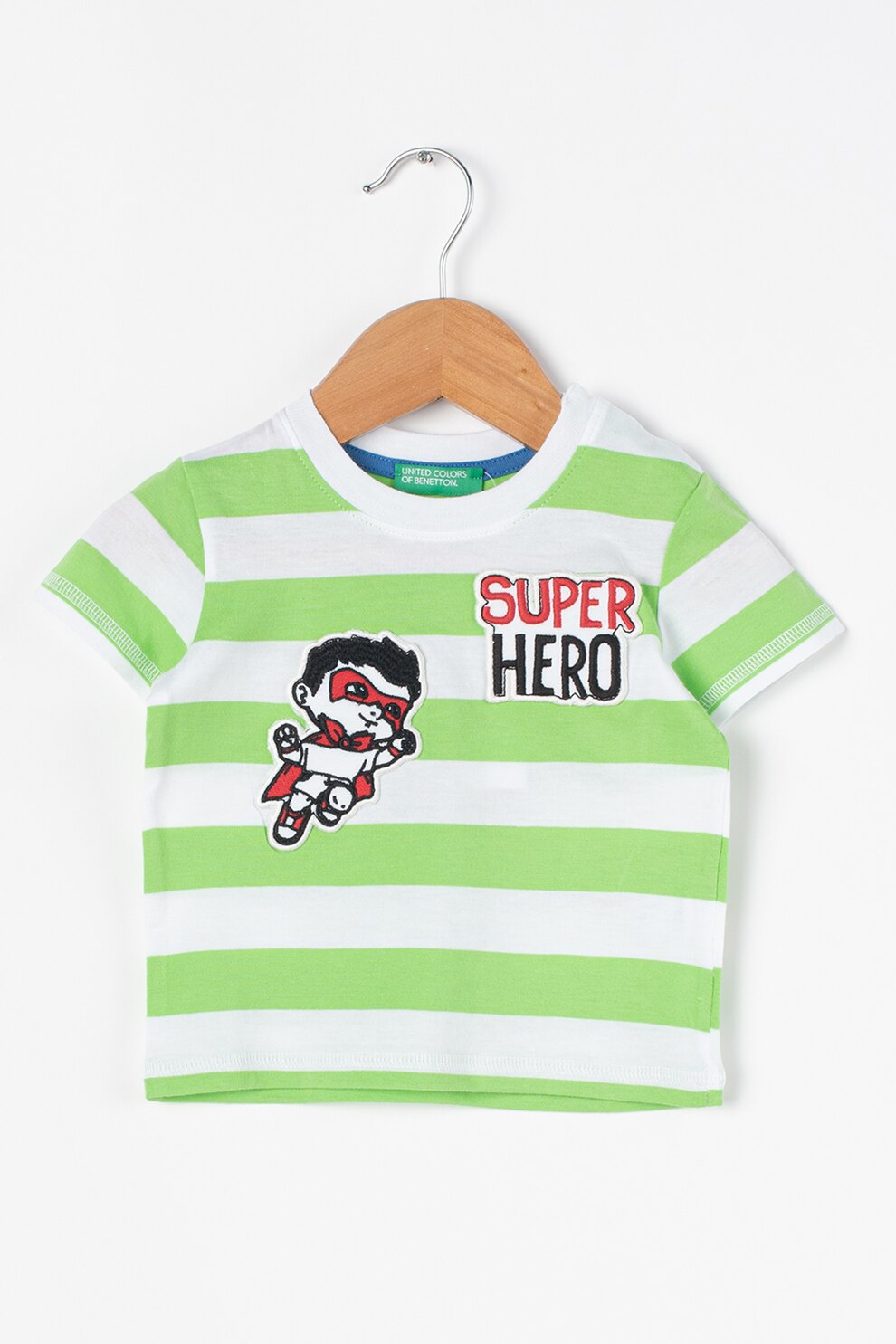 United Colors of Benetton, Tricou cu dungi si aplicatii decorative, Verde deschis/Alb