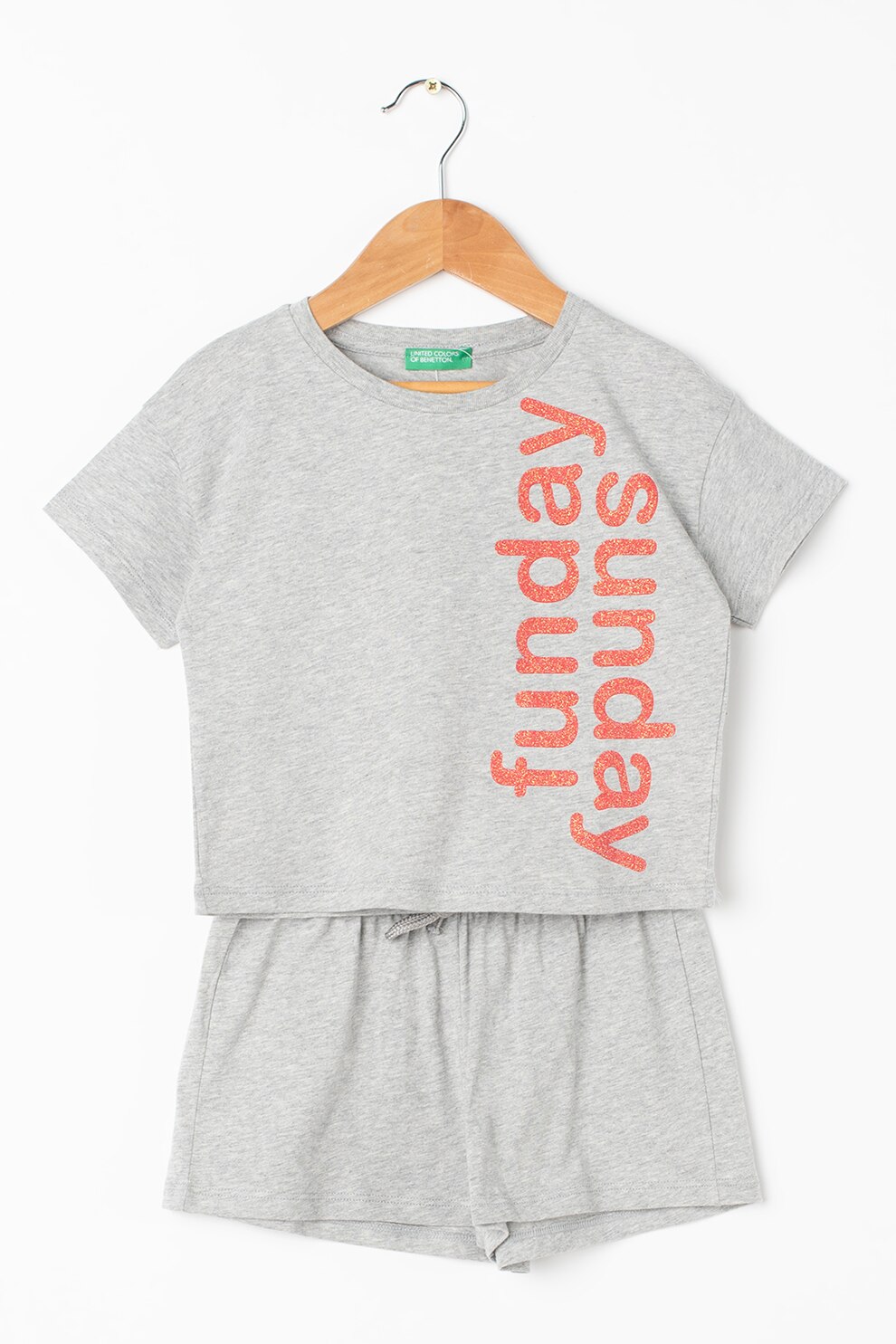United Colors of Benetton, Set de tricou si pantaloni scurti, Gri melange/Rosu