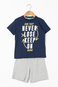 United Colors of Benetton, Set de tricou si pantaloni scurti, bleumarin, gri deschis, alb, 150 CM United Colors of Benetton, Set de tricou si pantaloni scurti, bleumarin, gri deschis, alb, 150 CM