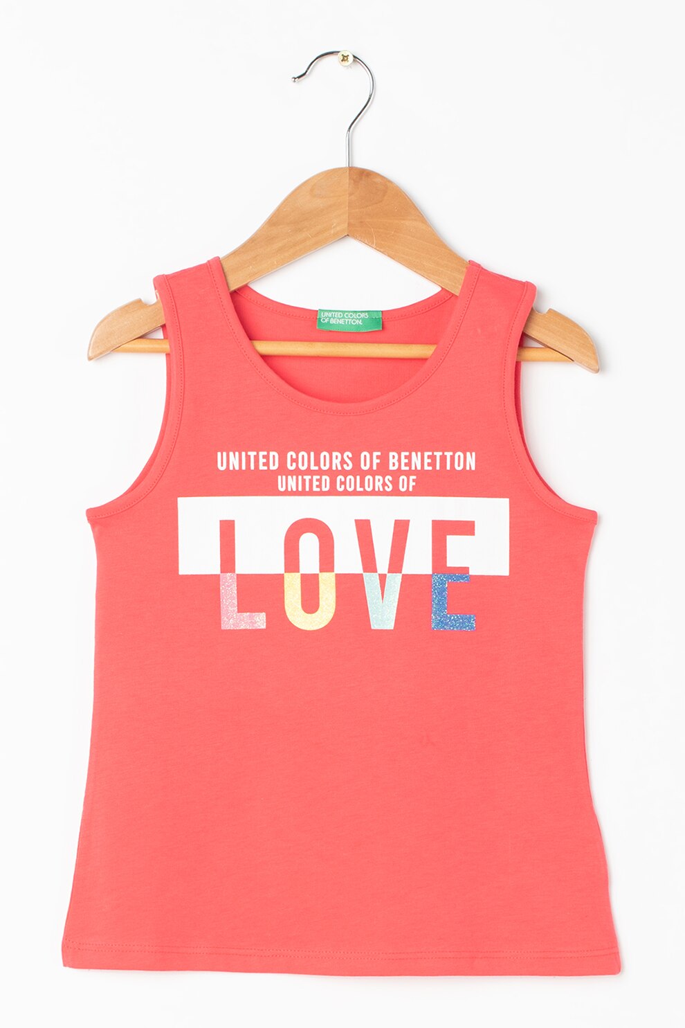 United Colors of Benetton, Top cu imprimeu si decolteu rotund, roz inchis, alb