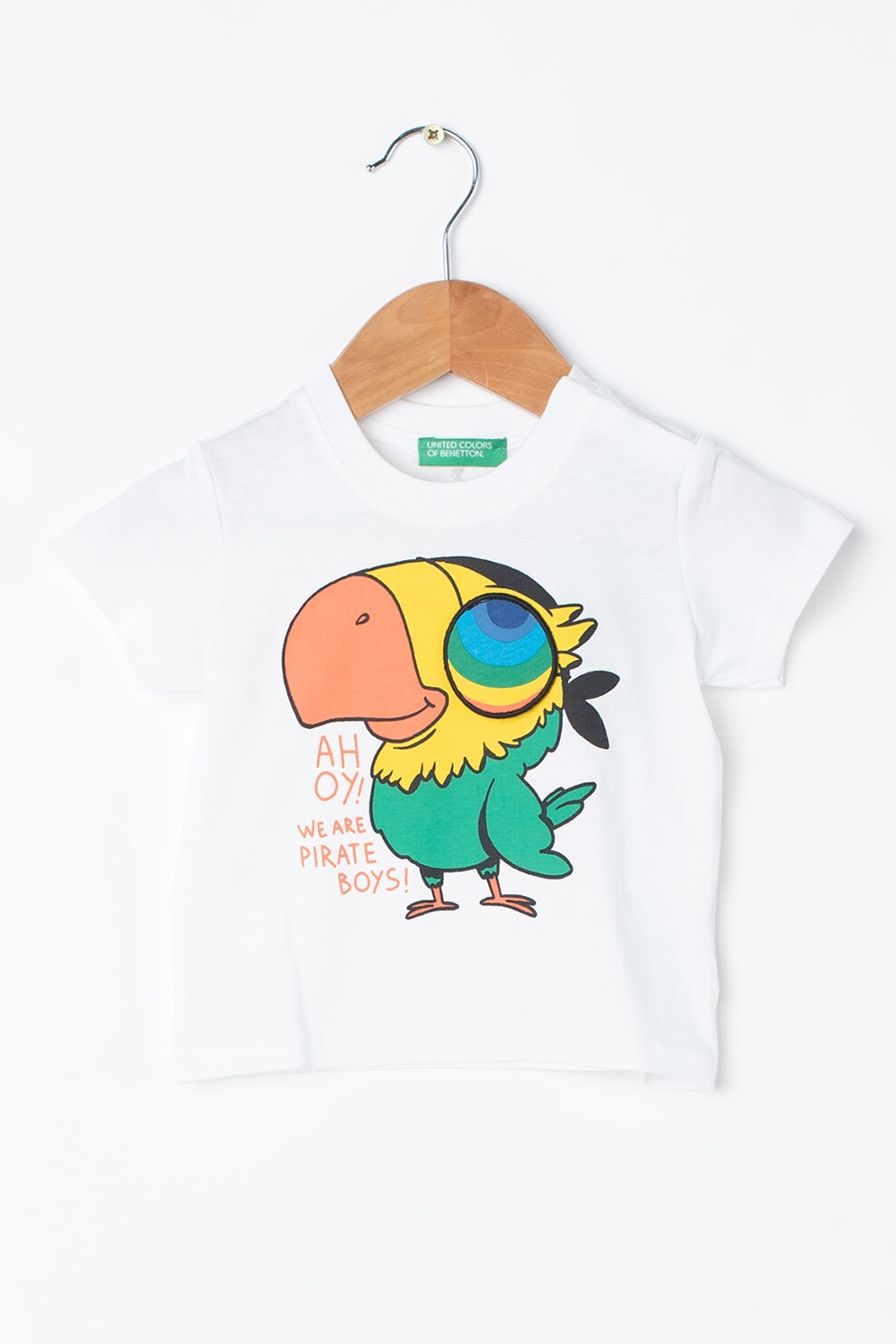 United Colors of Benetton, Tricou de bumbac cu imprimeu grafic, Alb/Verde/Oranj