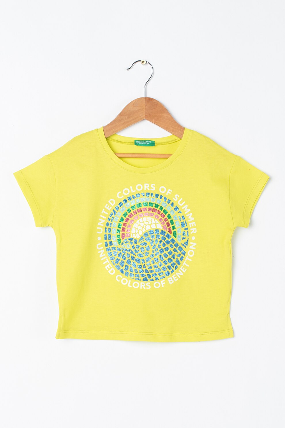 United Colors of Benetton, Tricou cu imprimeu grafic, Galben/Bleumarin/Alb