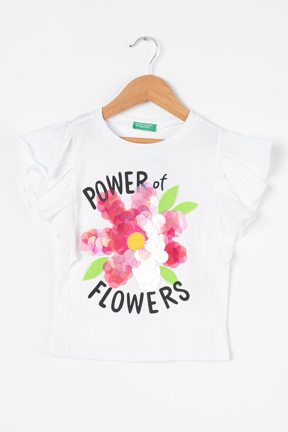 United Colors of Benetton, Tricou cu imprimeu si maneci cu volane, Alb/Roz/Negru