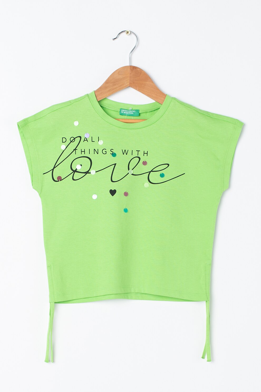 United Colors of Benetton, Tricou cu imprimeu si snururi in lateral, Verde deschis/Negru