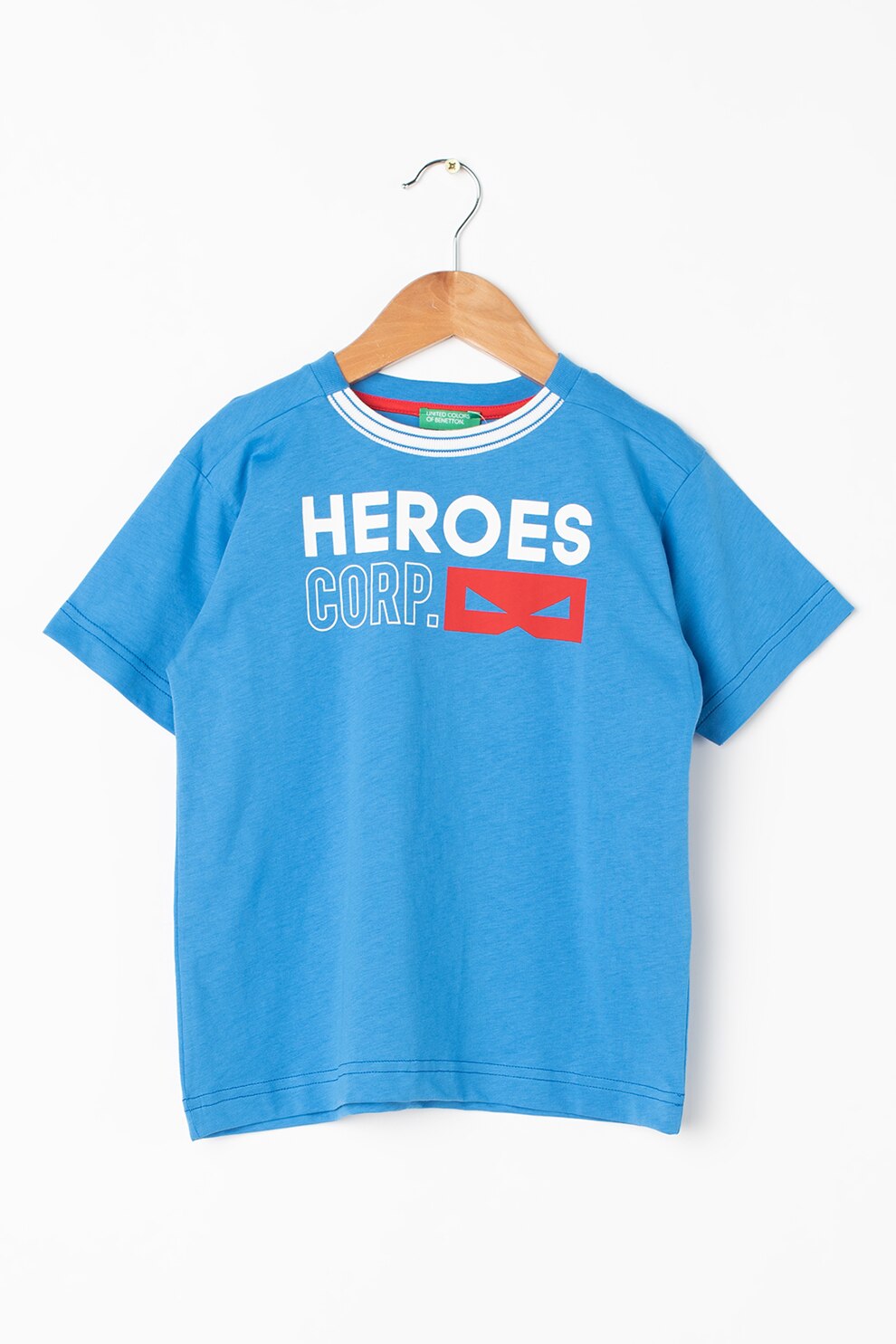 United Colors of Benetton, Tricou de bumbac cu decolteu la baza gatului, bleu, rosu, alb