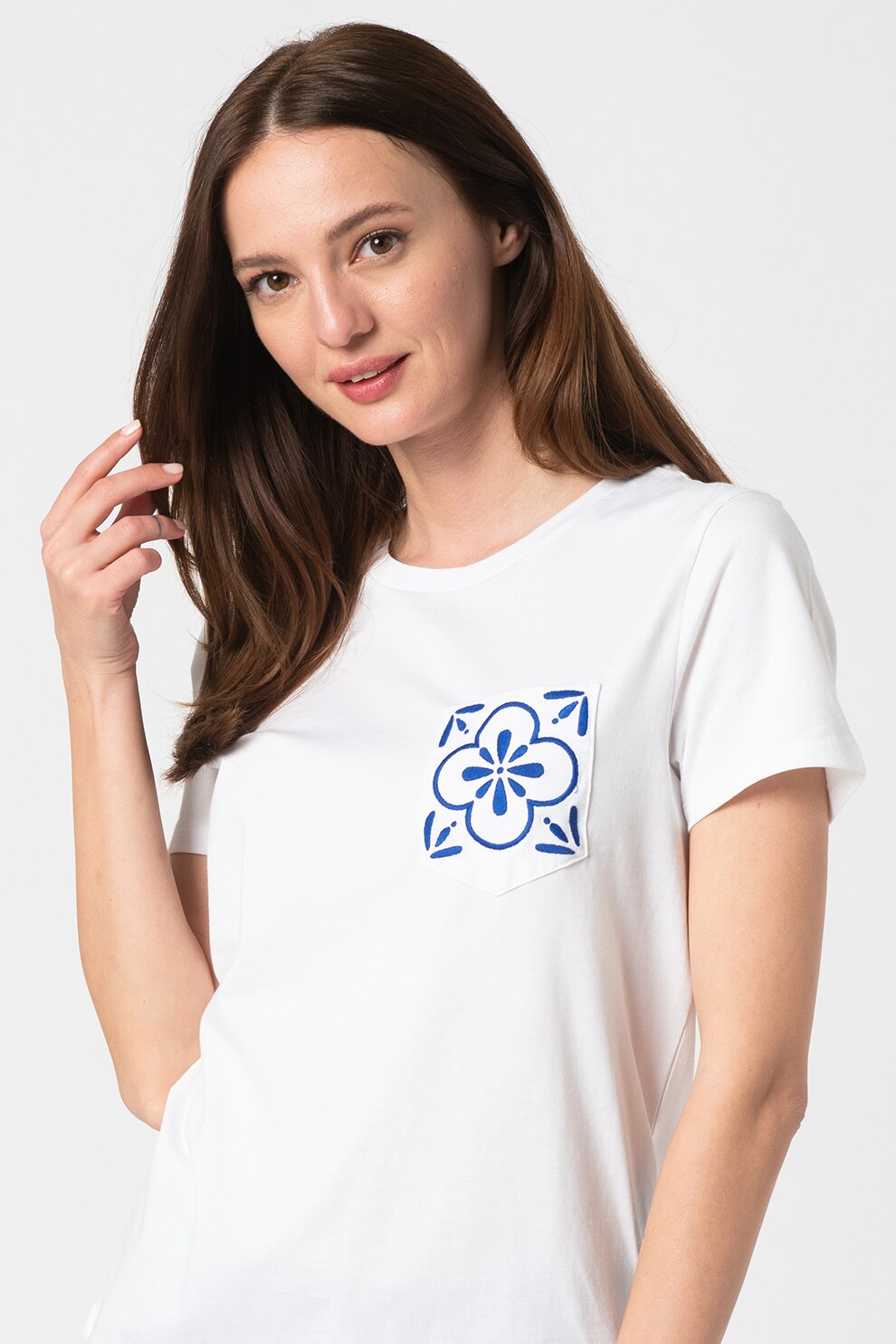 United Colors of Benetton, Tricou cu buzunar brodat pe piept, Alb optic/albastru indigo