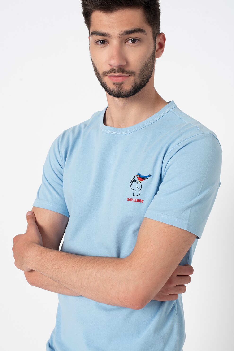 United Colors of Benetton, Tricou cu decolteu la baza gatului si detaliu brodat, Albastru lavanda/Rosu inchis/Negru