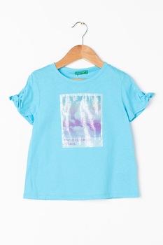 United Colors of Benetton, Tricou de bumbac cu paiete, bleu, mov United Colors of Benetton, Tricou de bumbac cu paiete, bleu, mov